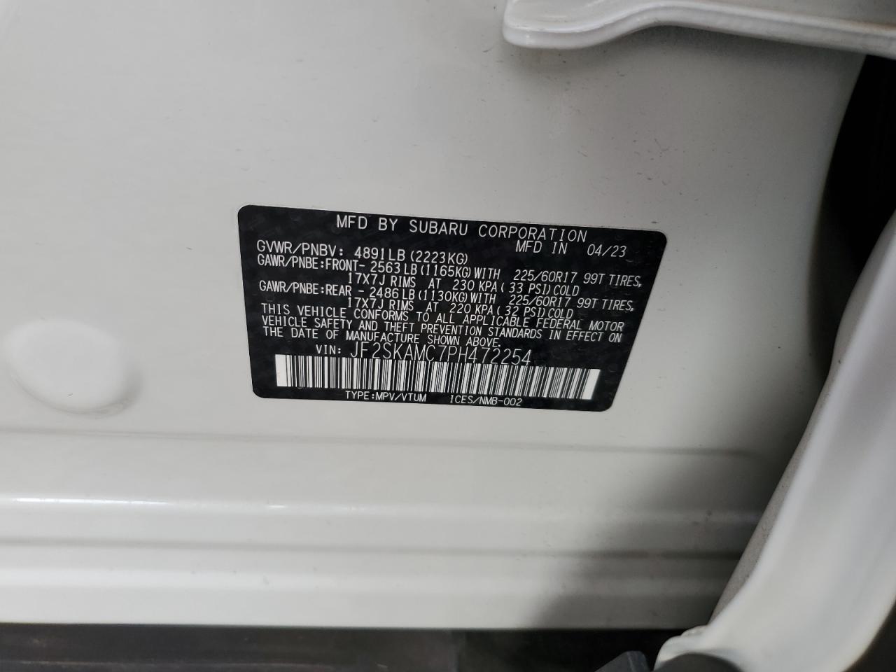 2023 SUBARU FORESTER WILDERNESS VIN:JF2SKAMC7PH472254