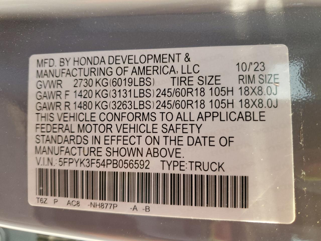 2023 HONDA RIDGELINE RTL VIN:5FPYK3F54PB056592