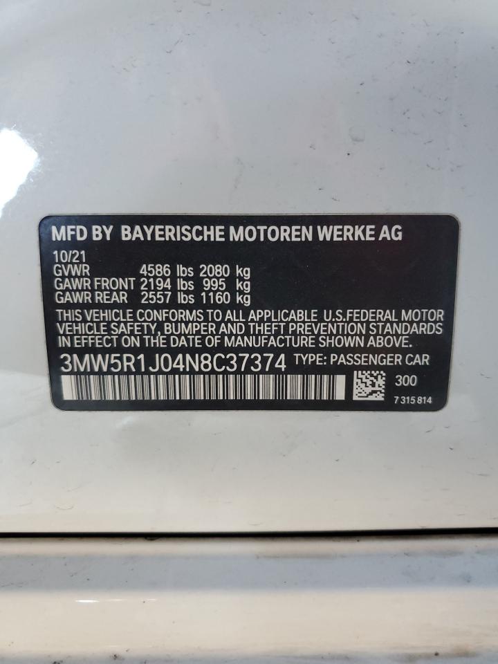 2022 BMW 330I  VIN:3MW5R1J04N8C37374