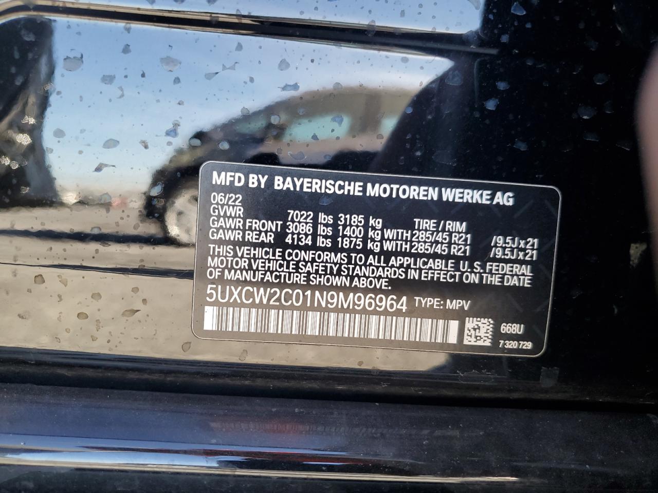 2022 BMW X7 XDRIVE40I VIN:5UXCW2C01N9M96964