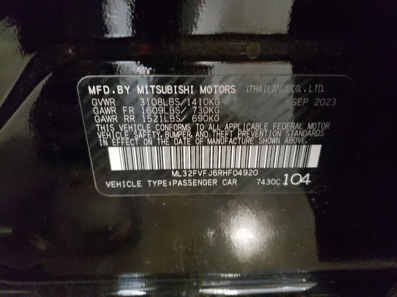 2024 MITSUBISHI MIRAGE G4 SE VIN:ML32FVFJ6RHF04920