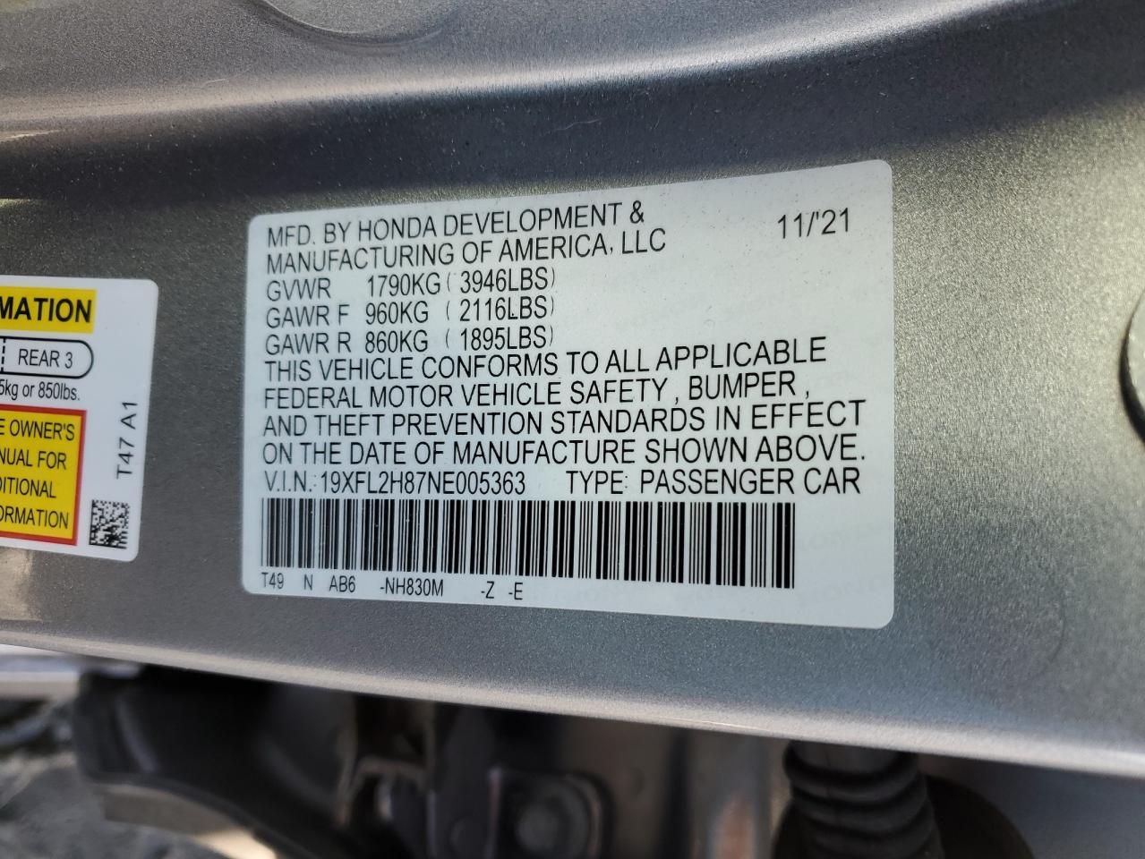 2022 HONDA CIVIC SPORT VIN:19XFL2H87NE005363