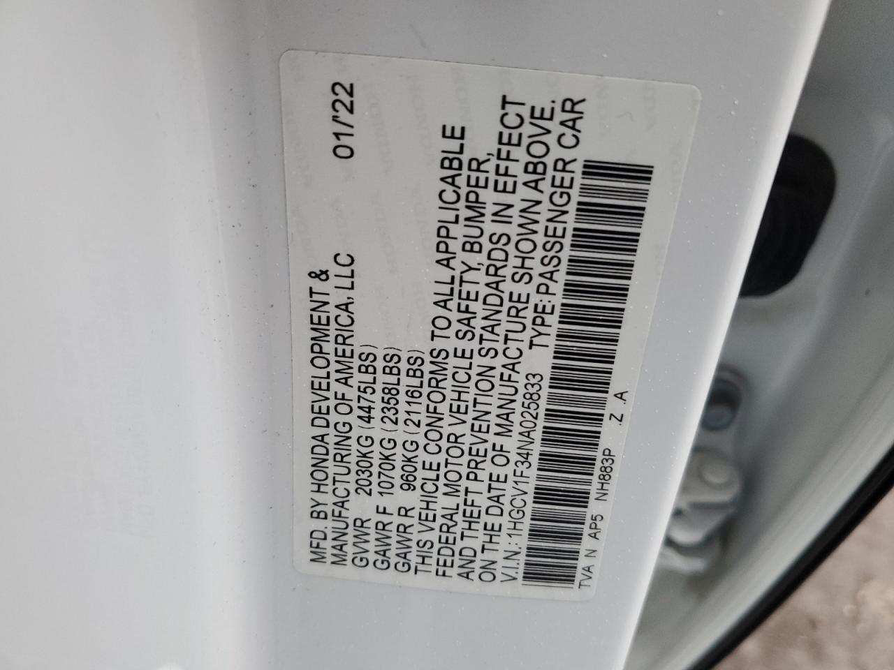 2022 HONDA ACCORD SPORT VIN:1HGCV1F34NA025833