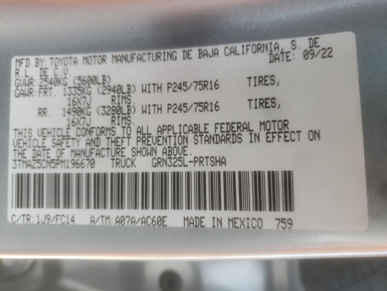 2023 TOYOTA TACOMA DOUBLE CAB VIN:3TMAZ5CN5PM196670