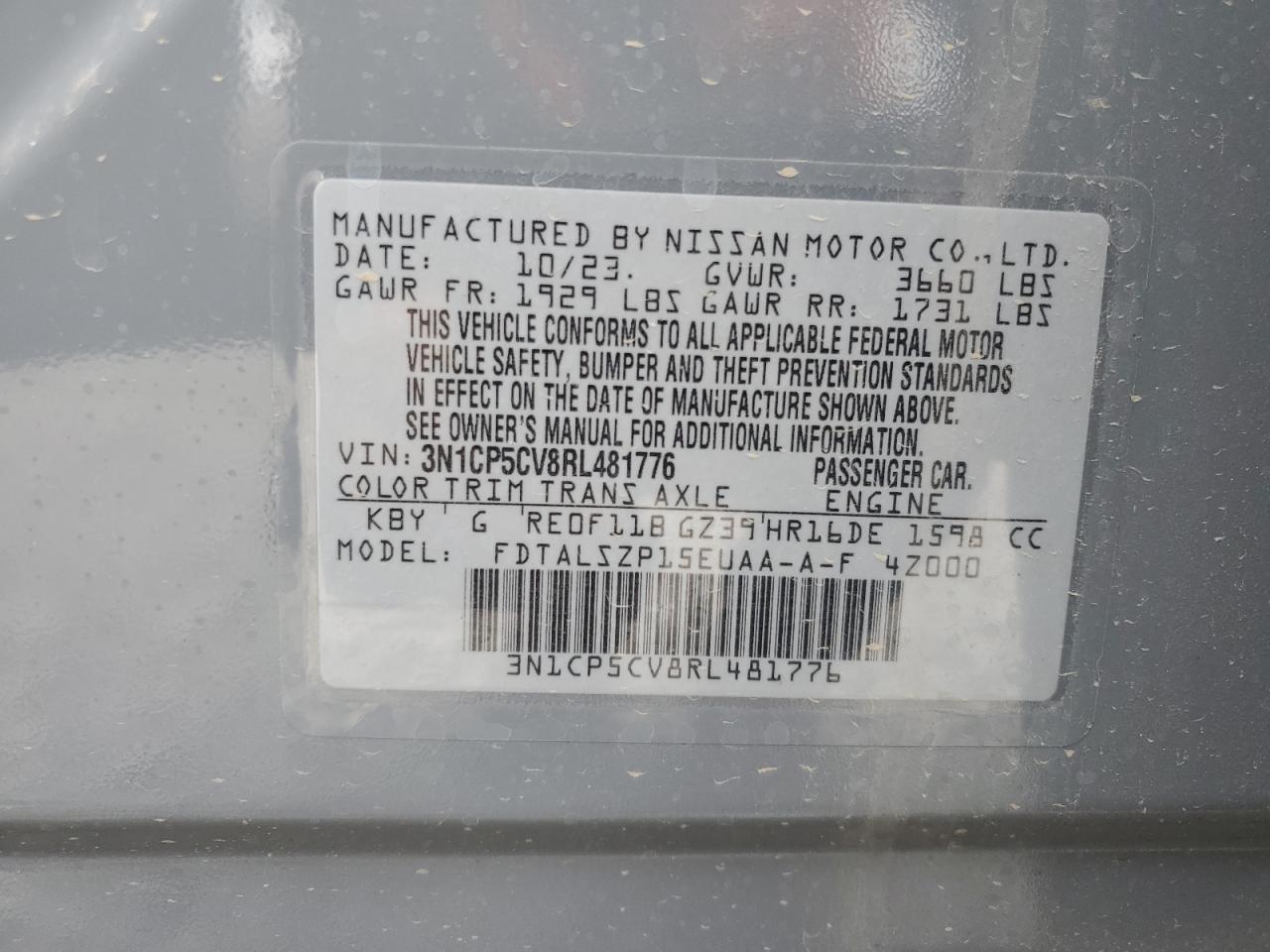 2024 NISSAN KICKS SV VIN:3N1CP5CV8RL481776