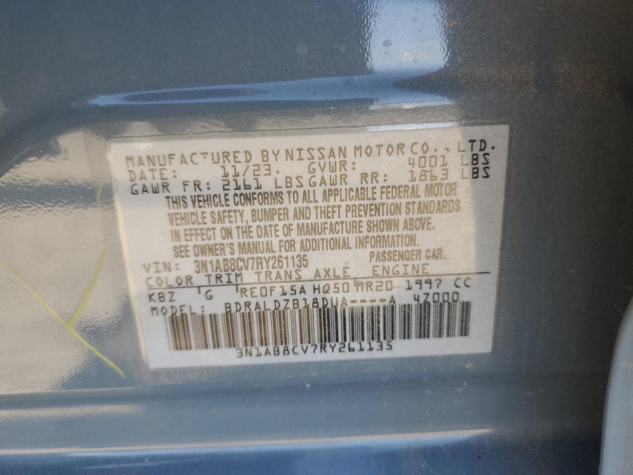 2024 NISSAN SENTRA SV VIN:3N1AB8CV7RY261135