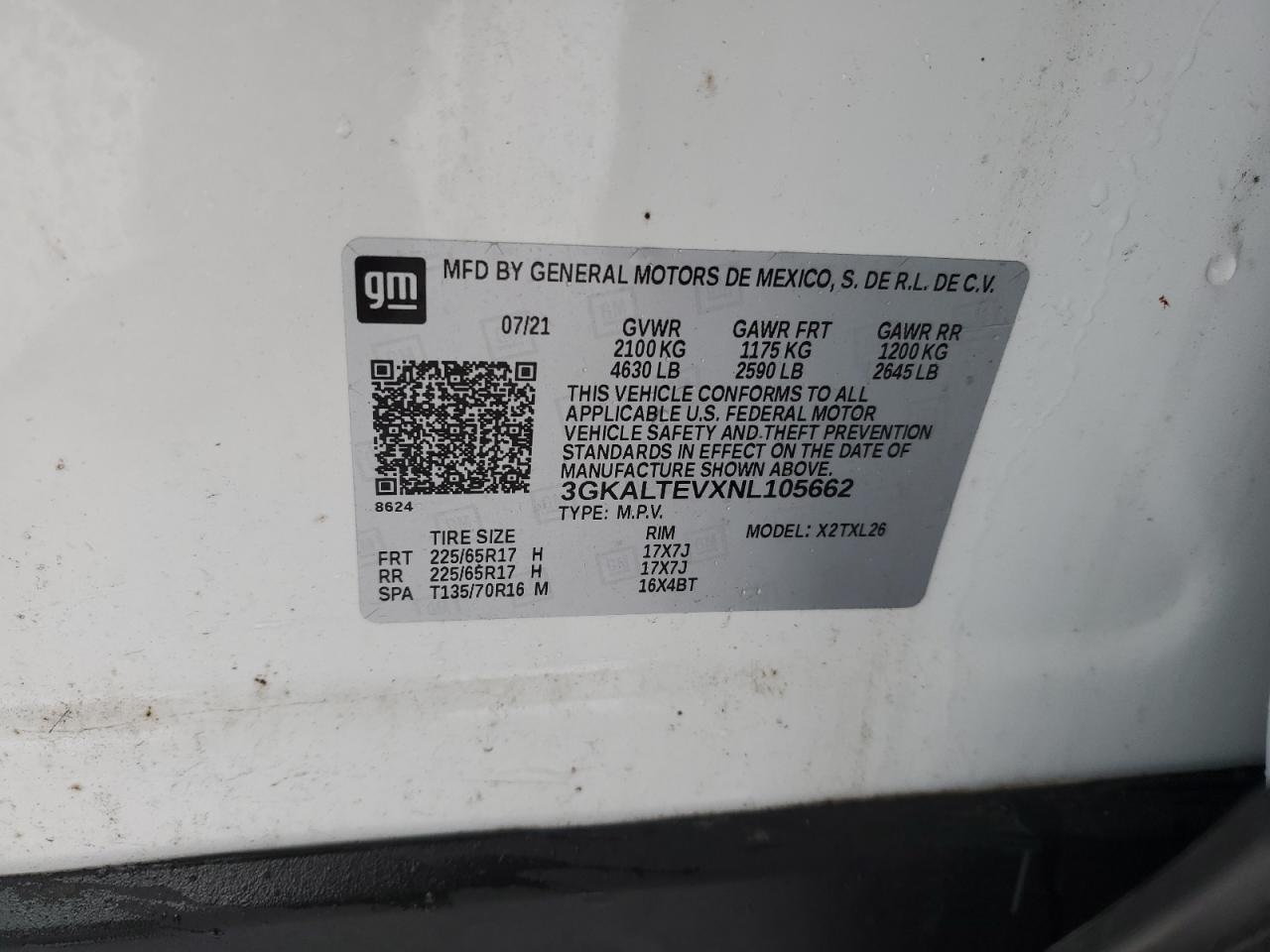 2022 GMC TERRAIN SLE VIN:3GKALTEVXNL105662