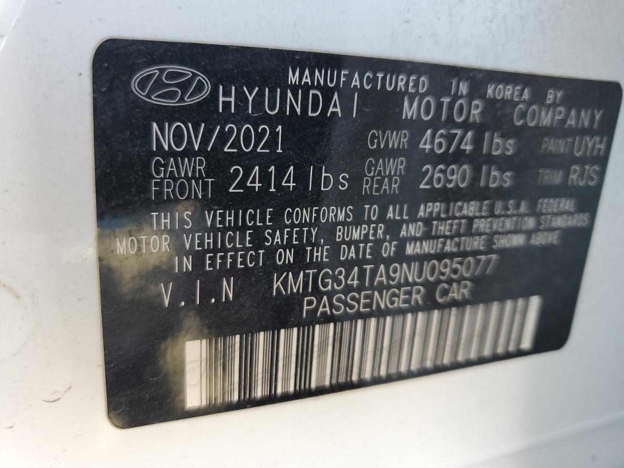 2022 GENESIS G70 BASE VIN:KMTG34TA9NU095077