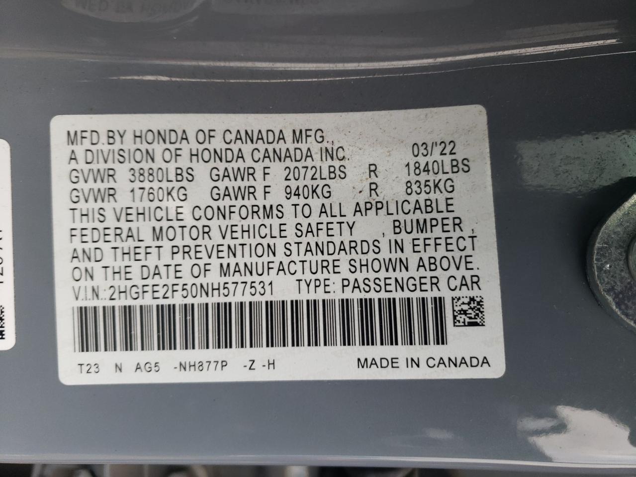 2022 HONDA CIVIC SPORT VIN:2HGFE2F50NH577531