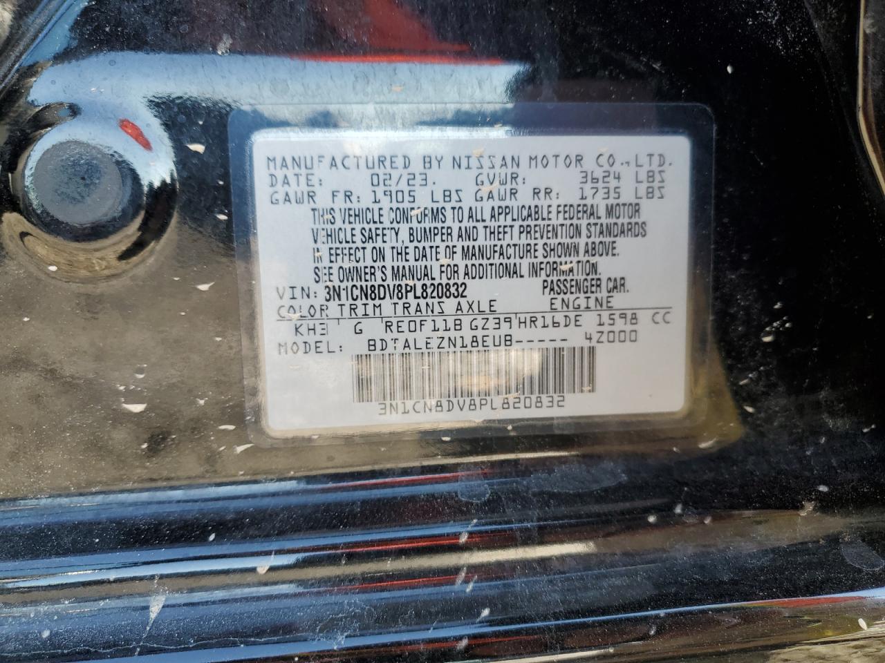 2023 NISSAN VERSA S VIN:3N1CN8DV8PL820832