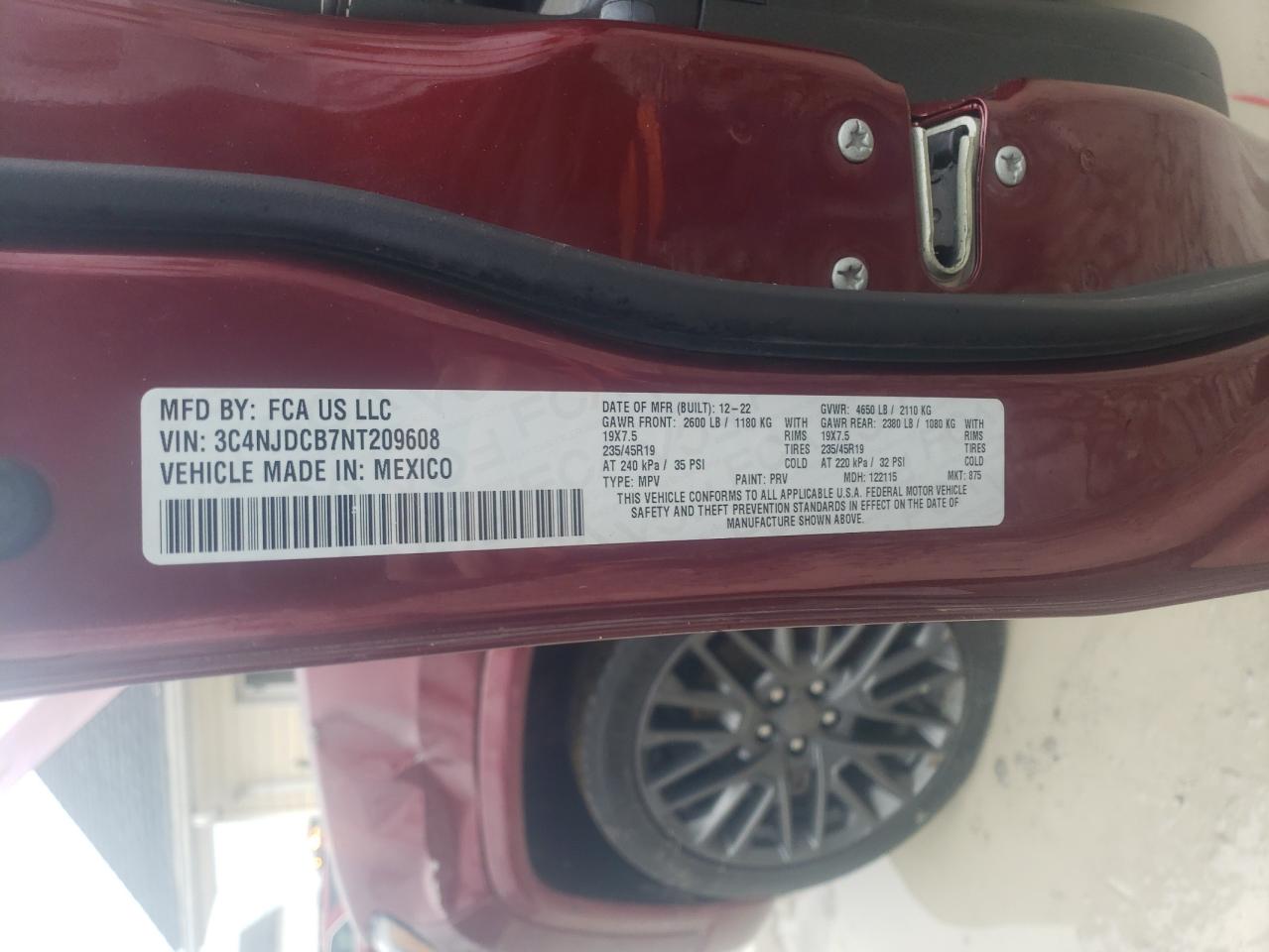 2022 JEEP COMPASS LIMITED VIN:3C4NJDCB7NT209608
