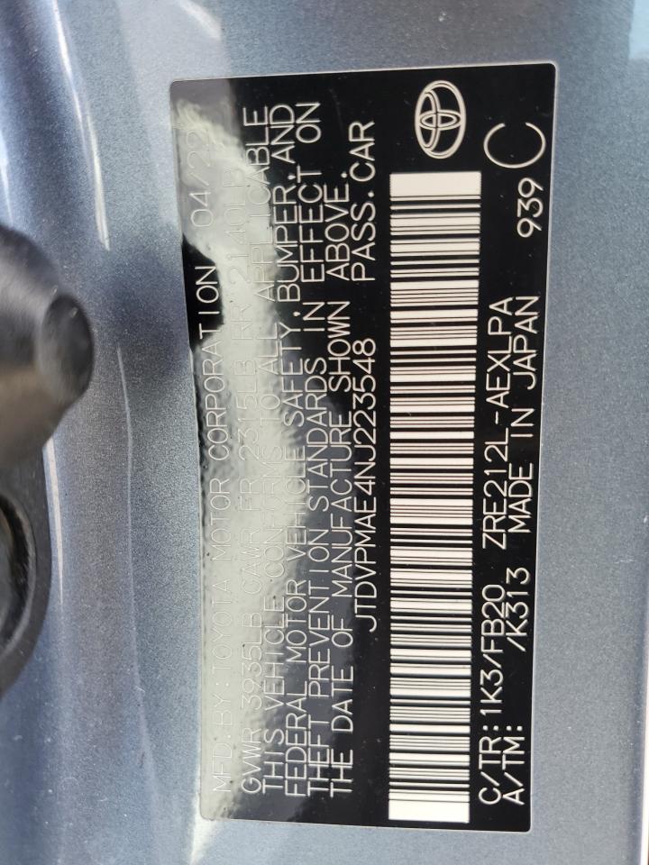 2022 TOYOTA COROLLA LE VIN:JTDVPMAE4NJ223548