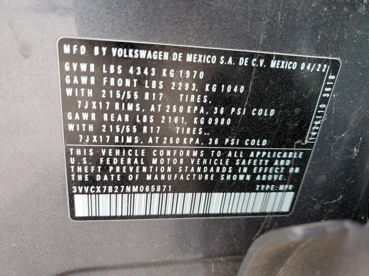2022 VOLKSWAGEN TAOS S VIN:3VVCX7B27NM065871