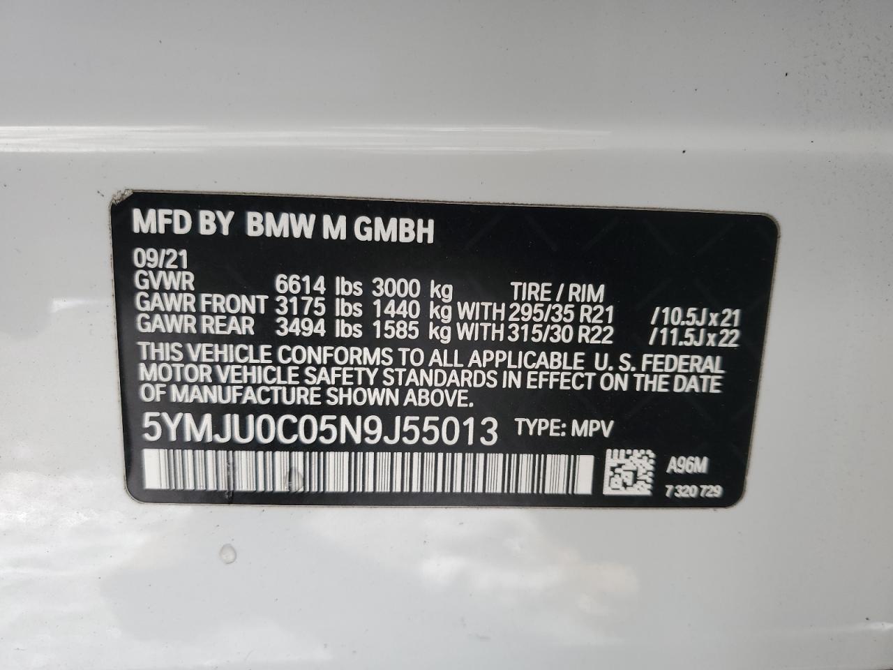 2022 BMW X5 M VIN:5YMJU0C05N9J55013