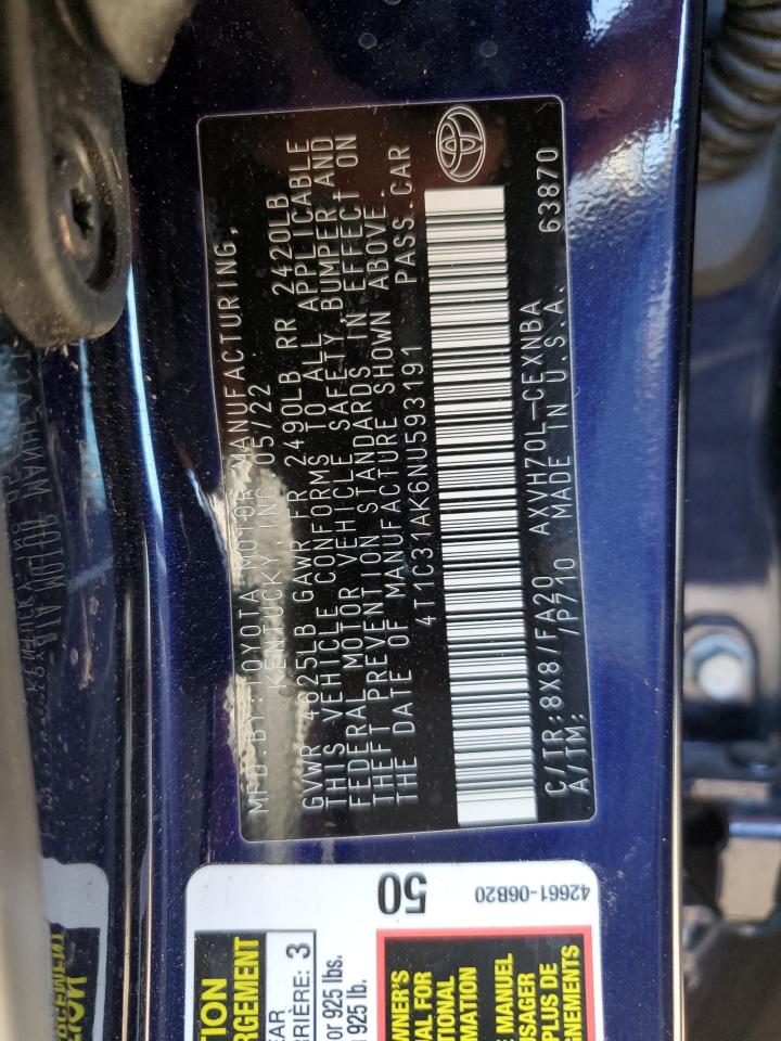 2022 TOYOTA CAMRY LE VIN:4T1C31AK6NU593191