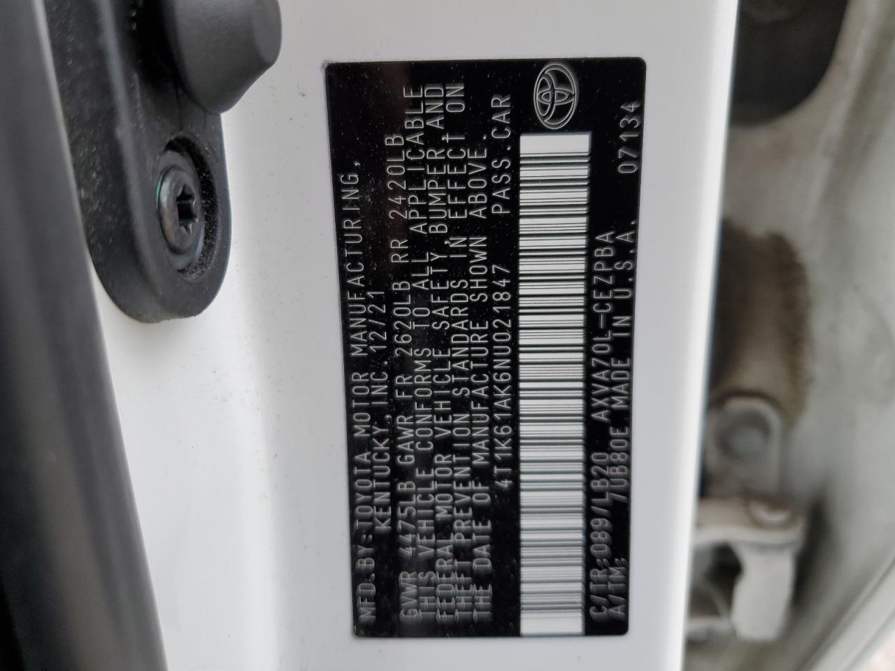 2022 TOYOTA CAMRY XSE VIN:4T1K61AK6NU021847