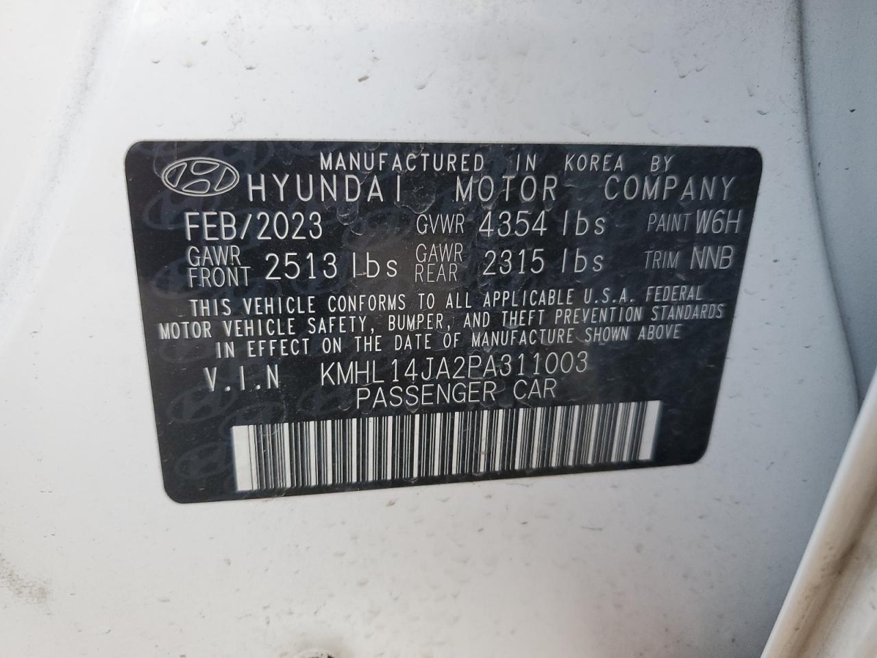 2023 HYUNDAI SONATA SEL VIN:KMHL14JA2PA311003