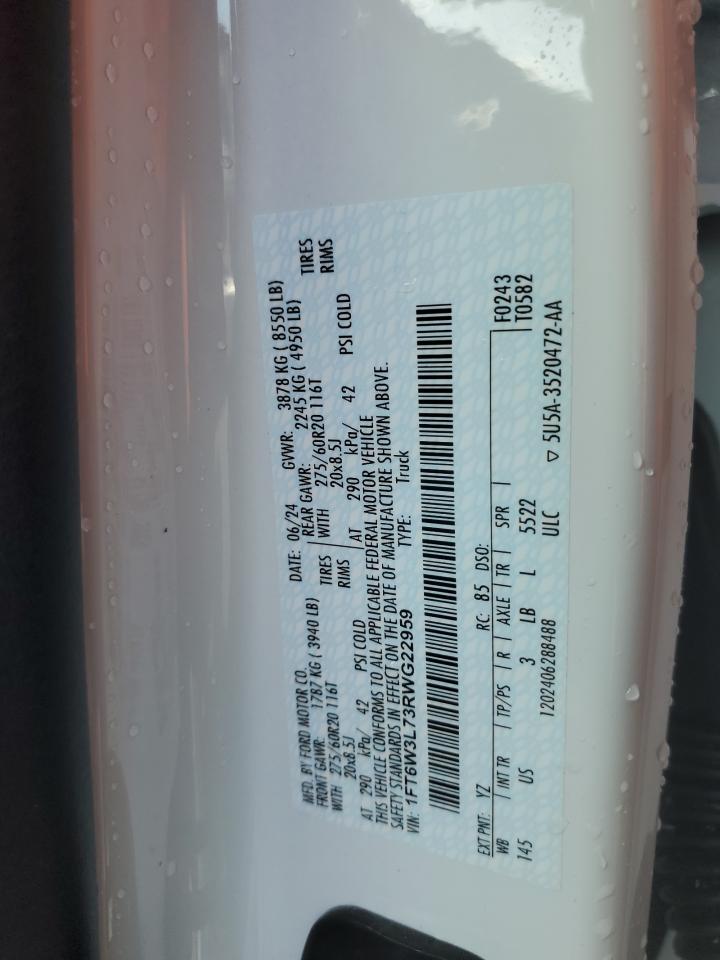 2024 FORD F150 LIGHTNING XLT VIN:1FT6W3L73RWG22959