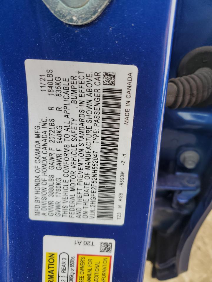 2022 HONDA CIVIC SPORT VIN:2HGFE2F52NH552047