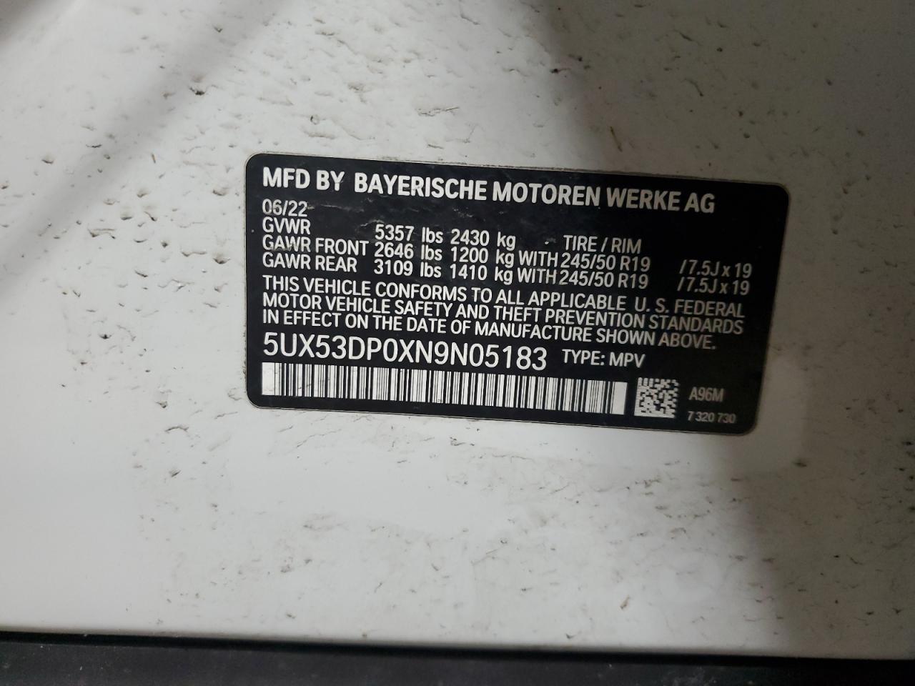 2022 BMW X3 XDRIVE30I VIN:5UX53DP0XN9N05183