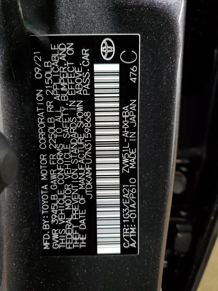 2022 TOYOTA PRIUS NIGHT SHADE VIN:JTDKAMFU7N3159868