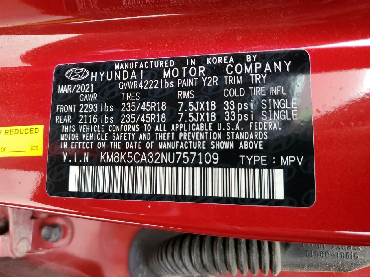 2022 HYUNDAI KONA LIMITED VIN:KM8K5CA32NU757109