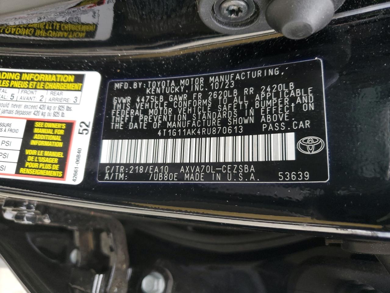 2024 TOYOTA CAMRY SE NIGHT SHADE VIN:4T1G11AK4RU870613