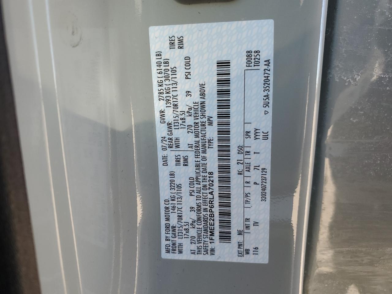2024 FORD BRONCO WILDTRAK VIN:1FMEE2BP6RLA70218