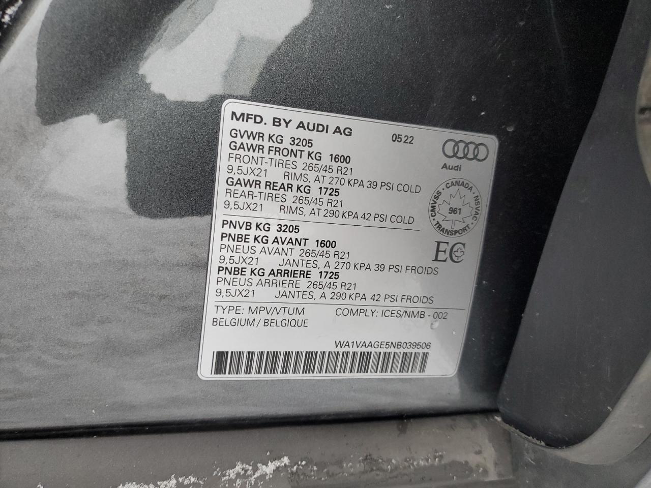 2022 AUDI E-TRON CHRONOS VIN:WA1VAAGE5NB039506