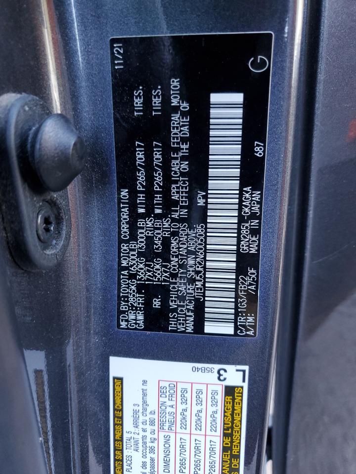 2022 TOYOTA 4RUNNER SR5/SR5 PREMIUM VIN:JTEMU5JR2N6005085