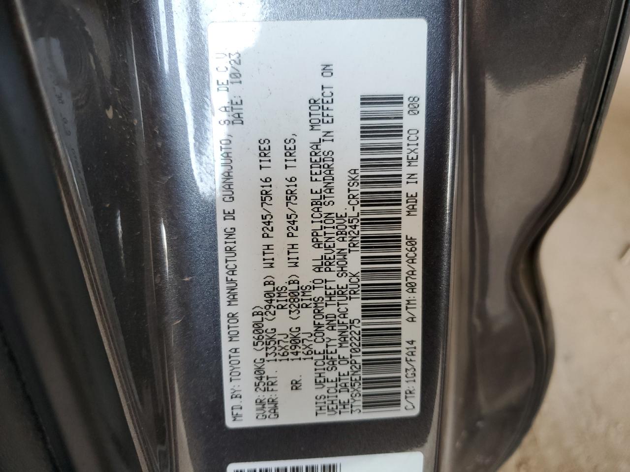 2023 TOYOTA TACOMA ACCESS CAB VIN:3TYSX5EN2PT022275