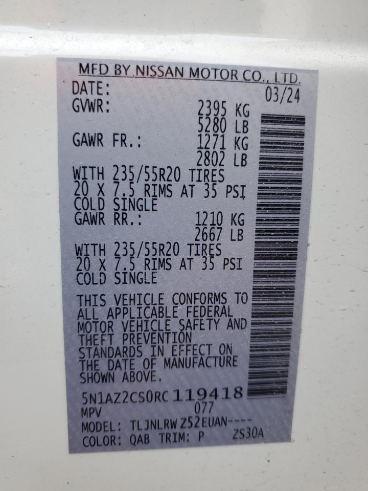2024 NISSAN MURANO SL VIN:5N1AZ2CS0RC119418