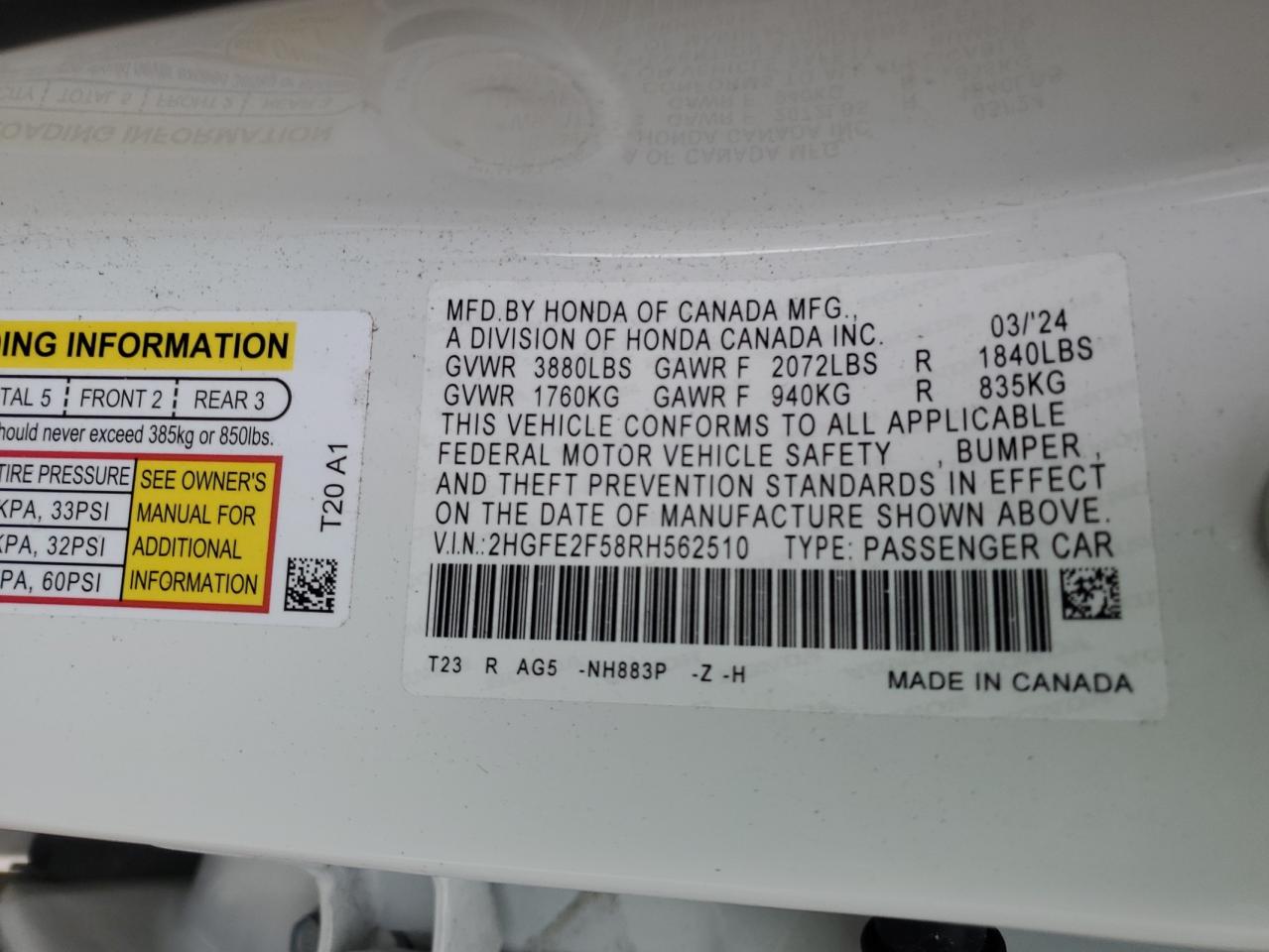 2024 HONDA CIVIC SPORT VIN:2HGFE2F58RH562510