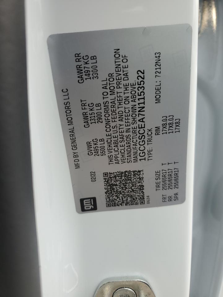 2022 CHEVROLET COLORADO LT VIN:1GCGSCEA7N1153522