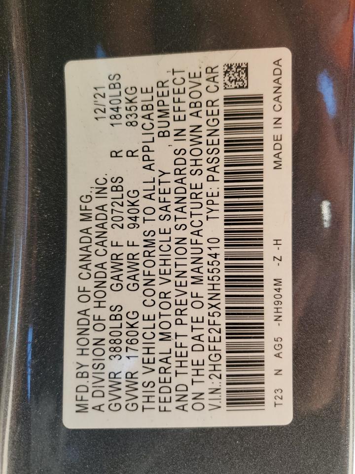 2022 HONDA CIVIC SPORT VIN:2HGFE2F5XNH555410