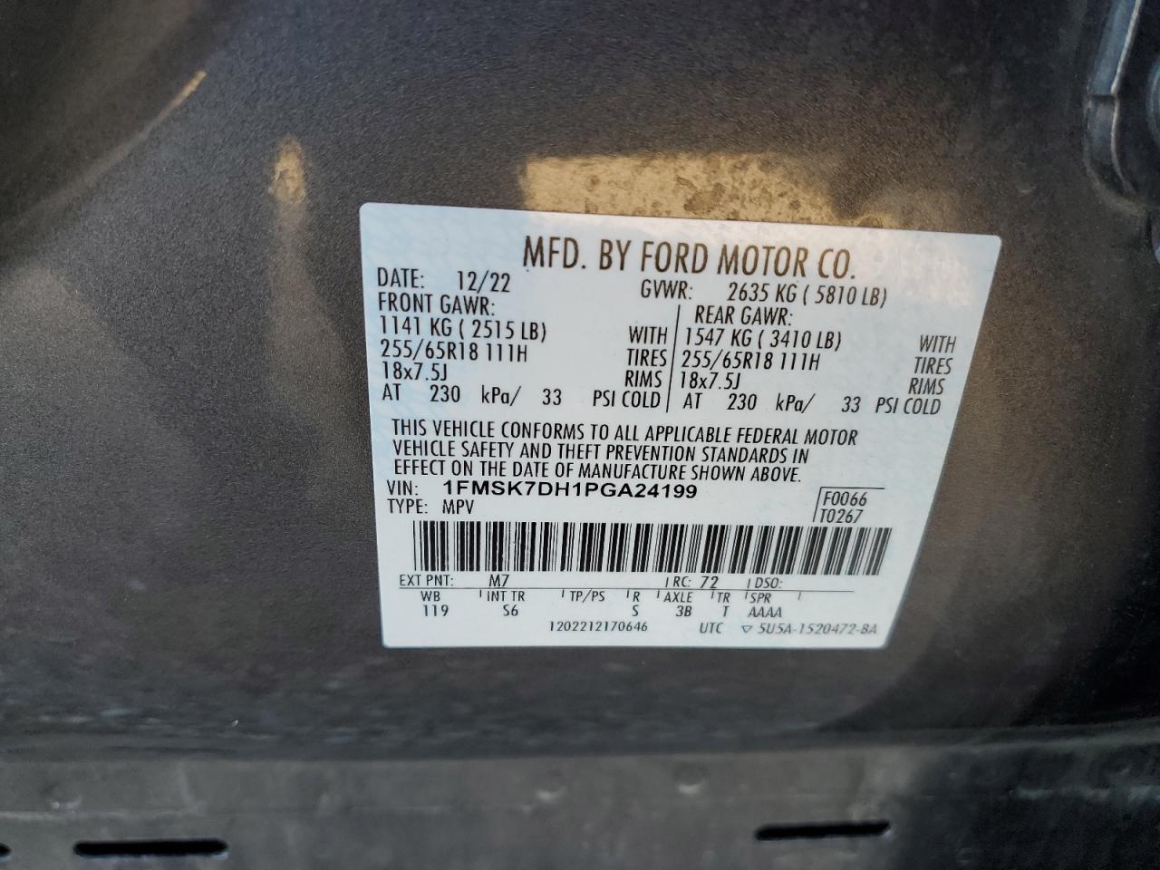 2023 FORD EXPLORER XLT VIN:1FMSK7DH1PGA24199