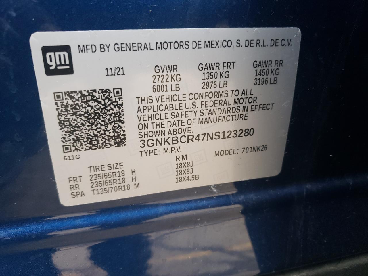 2022 CHEVROLET BLAZER 2LT VIN:3GNKBCR47NS123280