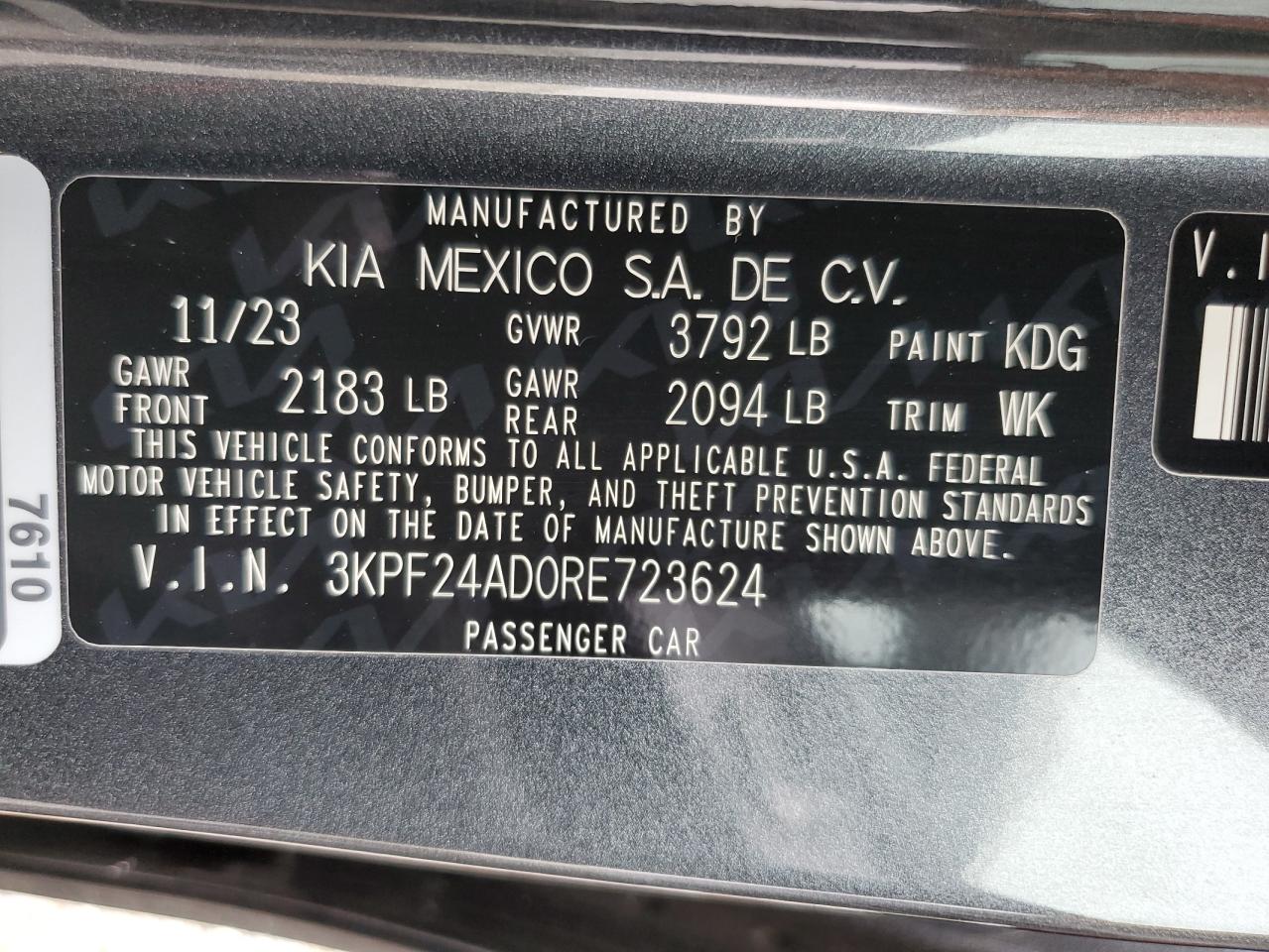 2024 KIA FORTE LX VIN:3KPF24AD0RE723624