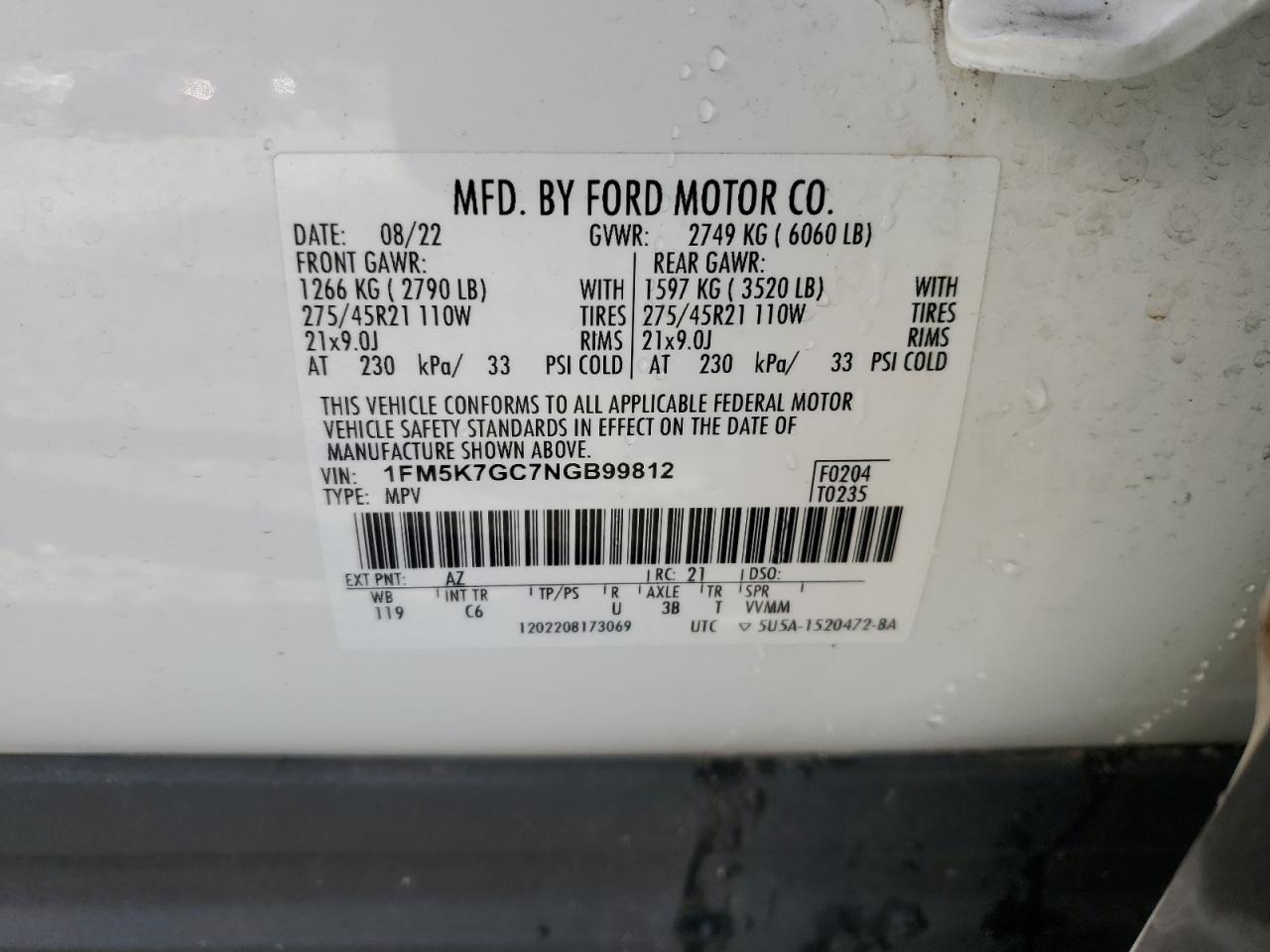 2022 FORD EXPLORER ST VIN:1FM5K7GC7NGB99812