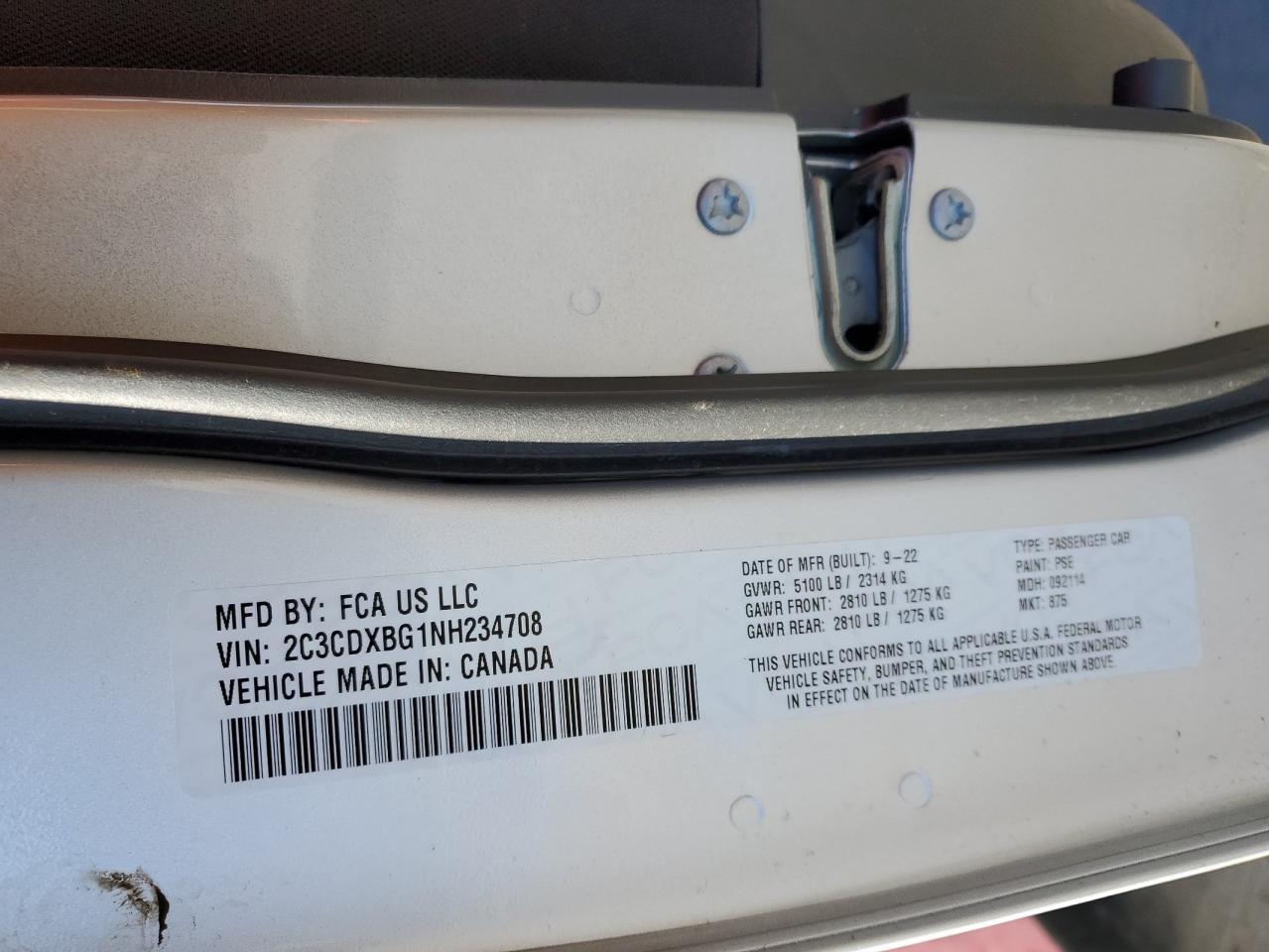 2022 DODGE CHARGER SXT VIN:2C3CDXBG1NH234708