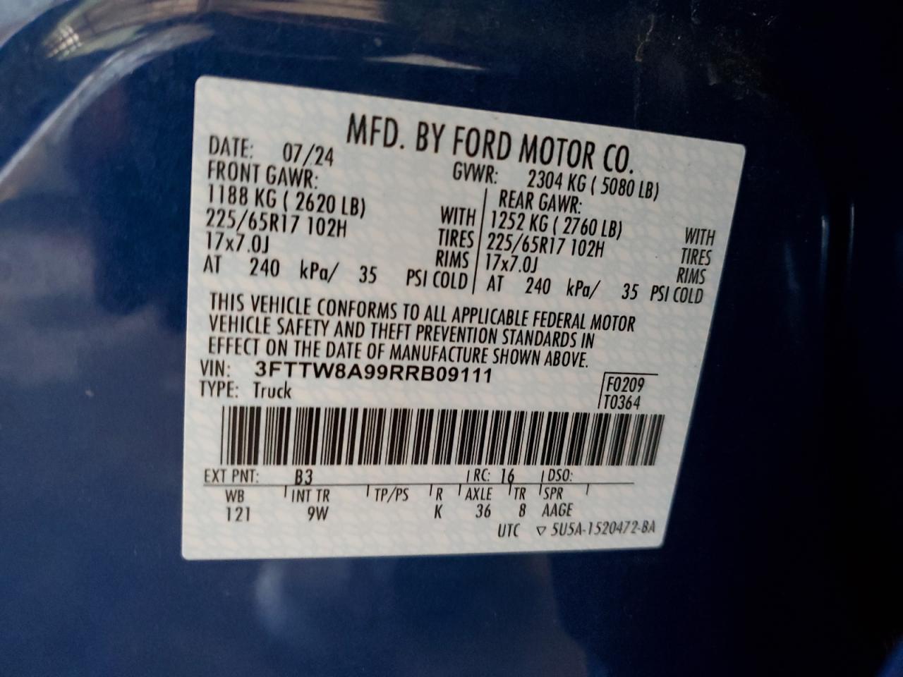 2024 FORD MAVERICK XL VIN:3FTTW8A99RRB09111