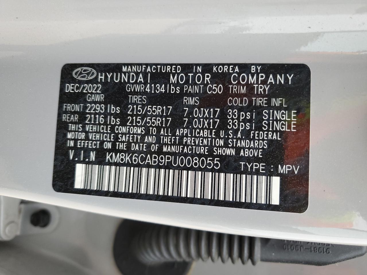 2023 HYUNDAI KONA SEL VIN:KM8K6CAB9PU008055