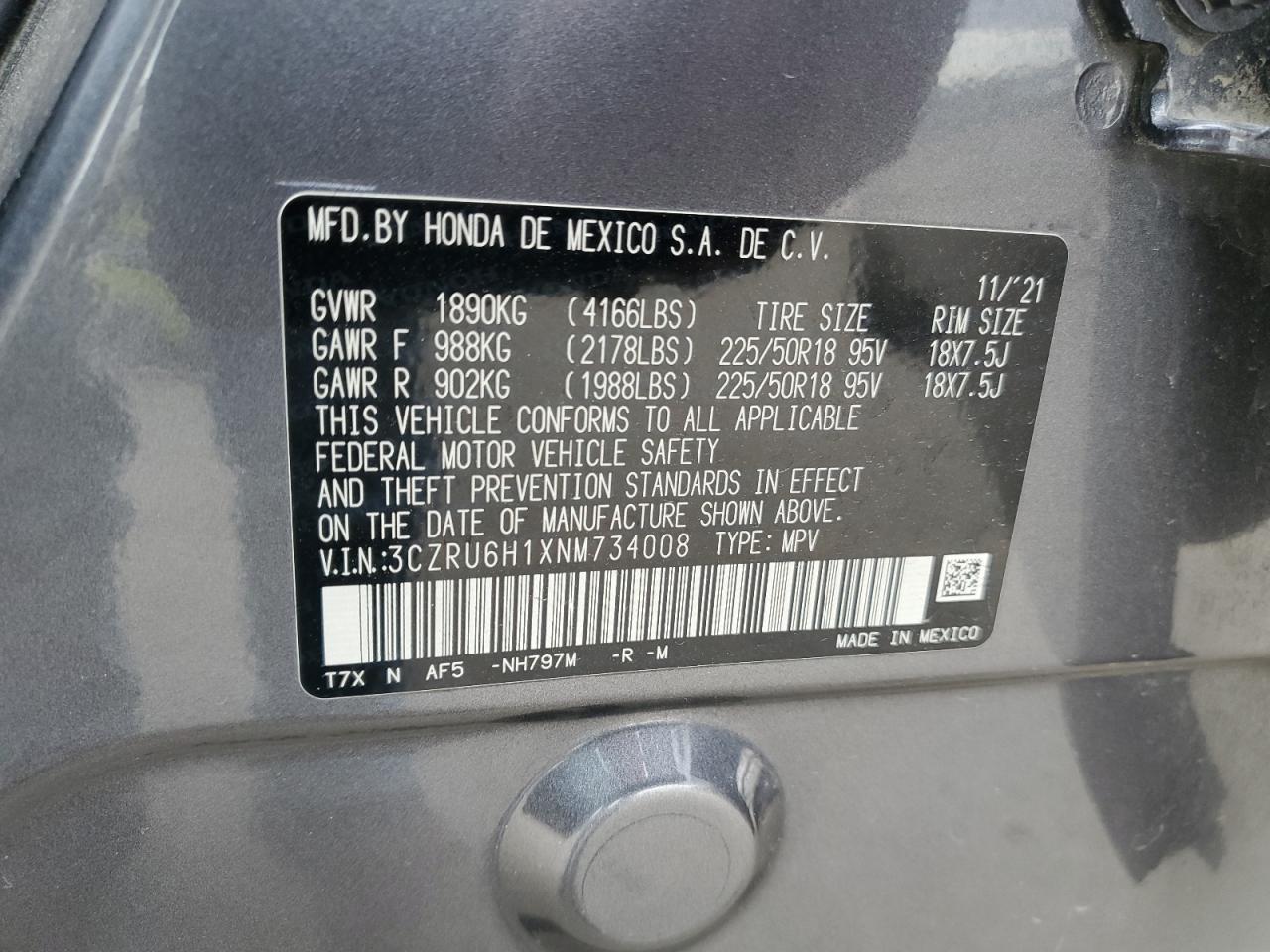 2022 HONDA HR-V SPORT VIN:3CZRU6H1XNM734008
