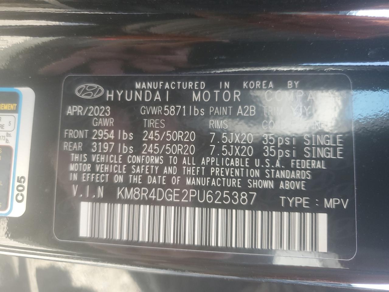 2023 HYUNDAI PALISADE SEL PREMIUM VIN:KM8R4DGE2PU625387