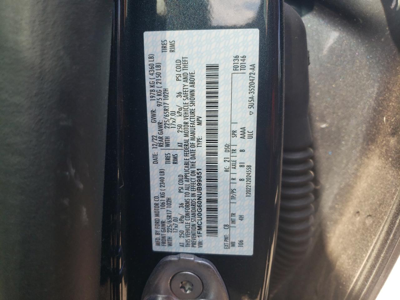 2022 FORD ESCAPE SE VIN:1FMCU0G60NUB99851