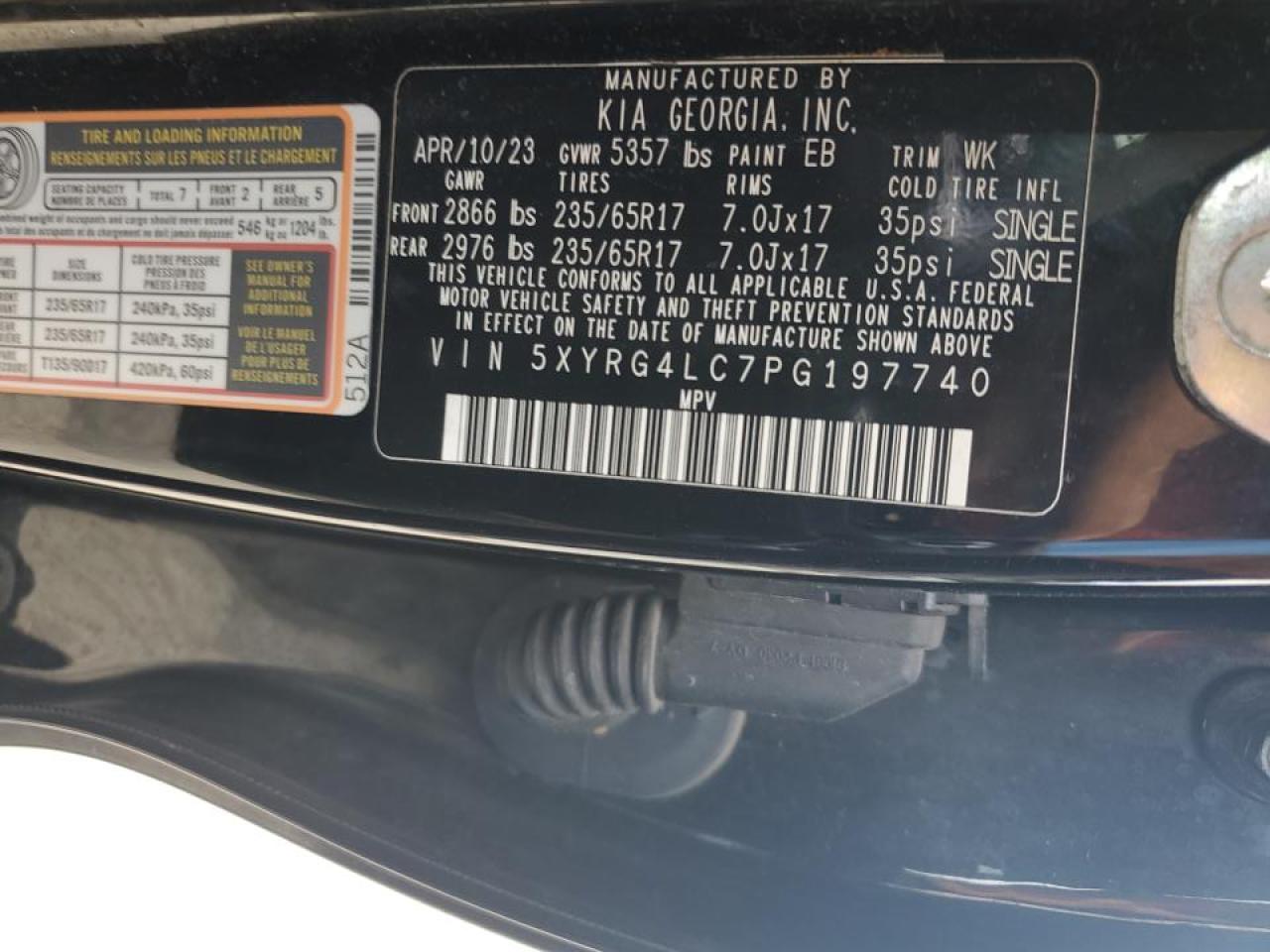 2023 KIA SORENTO LX VIN:5XYRG4LC7PG197740