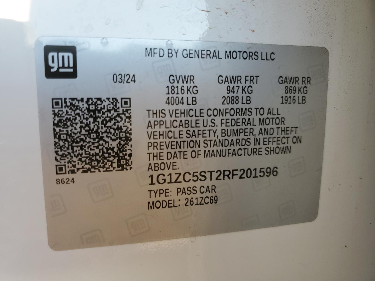 2024 CHEVROLET MALIBU LS VIN:1G1ZC5ST2RF201596