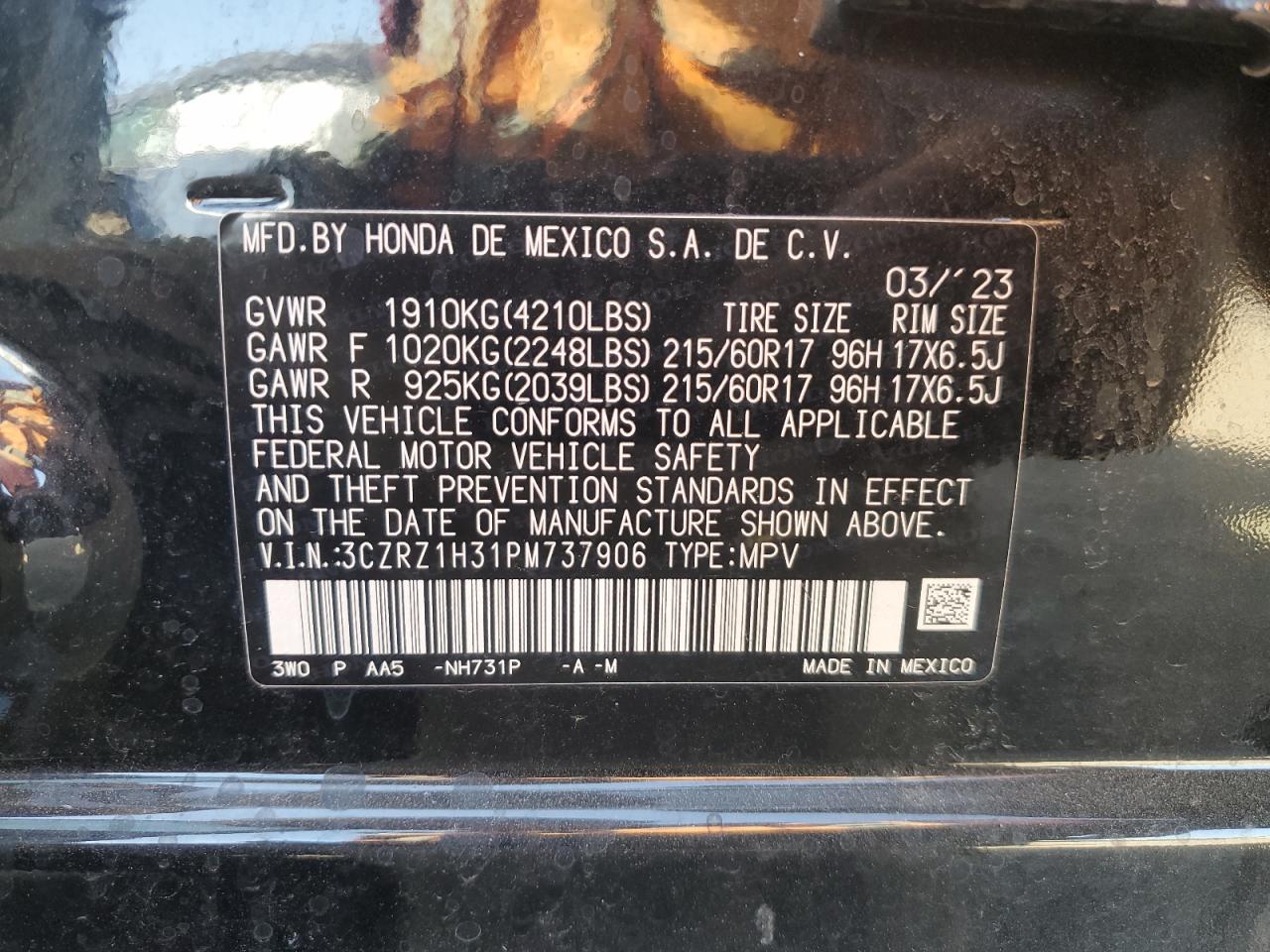 2023 HONDA HR-V LX VIN:3CZRZ1H31PM737906