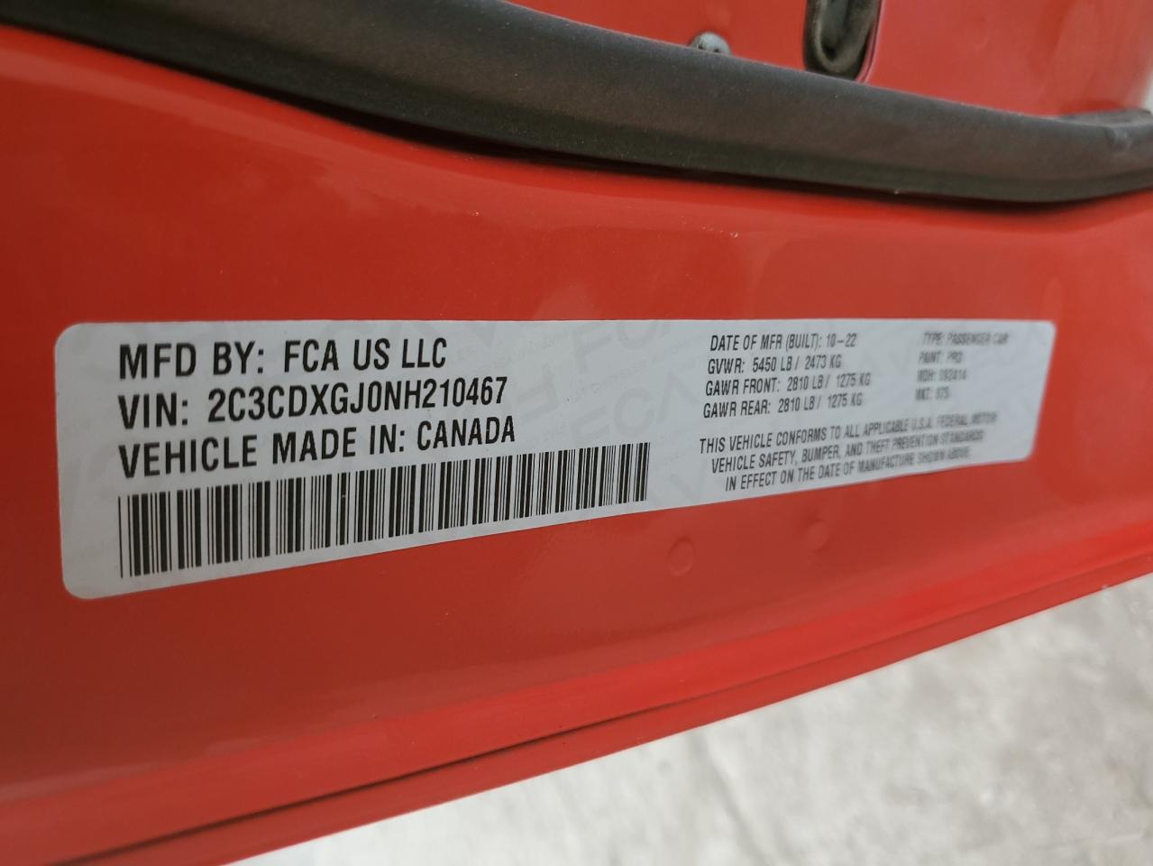 2022 DODGE CHARGER SCAT PACK VIN:2C3CDXGJ0NH210467