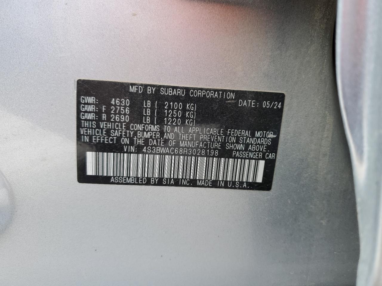 2024 SUBARU LEGACY PREMIUM VIN:4S3BWAC68R3028198